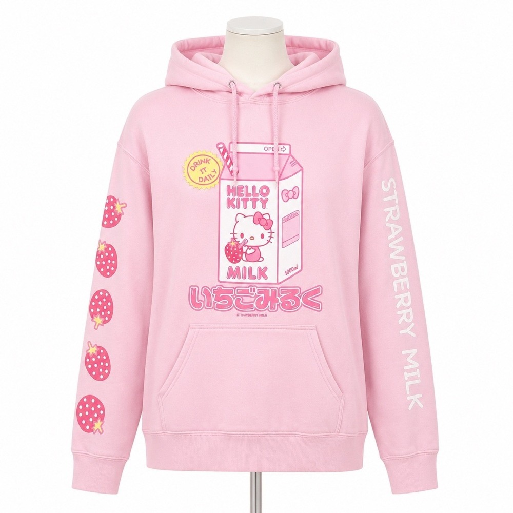 Hello Kitty Strawberry Milk Hoodie M Pink Sanrio Graphic Pullover Sweatshirt